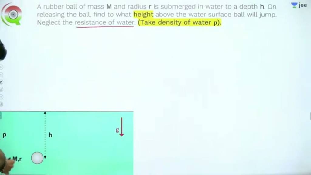 A rubber ball of mass M and radius r is submerged in water to a depth h.