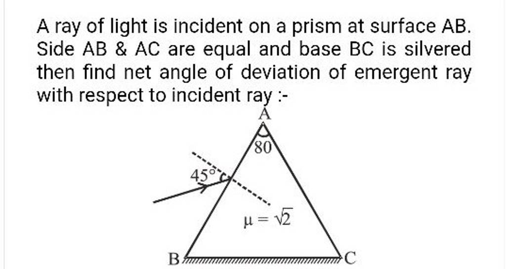 A ray of light is incident on a prism at surface AB. Side AB \& AC are eq..