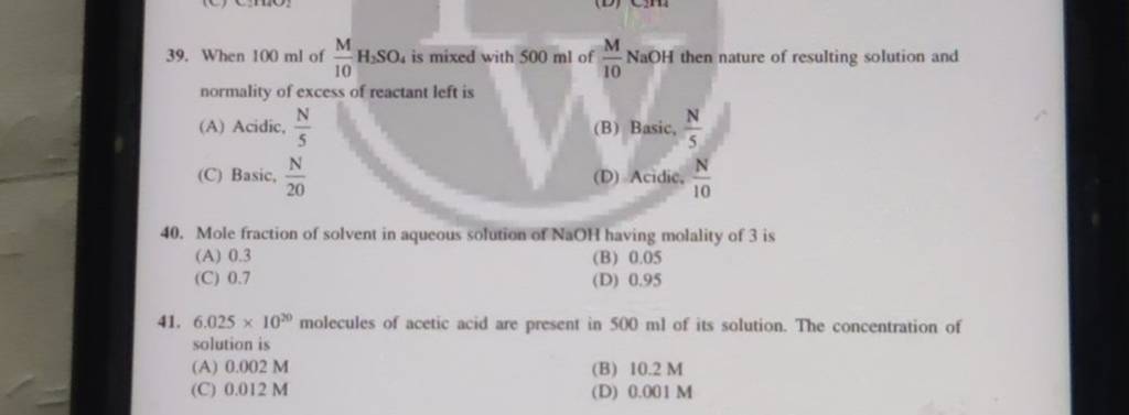 Mole fraction of solvent in aqueous solution of NaOH having molality of 3..