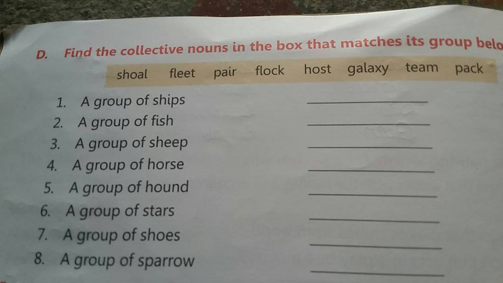 Find the collective nouns in the box that matches its group belo shoal fl..