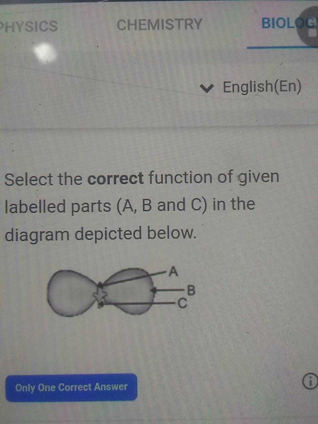 English(En) Select The Correct Function Of Given Labelled Parts ( A,B And..