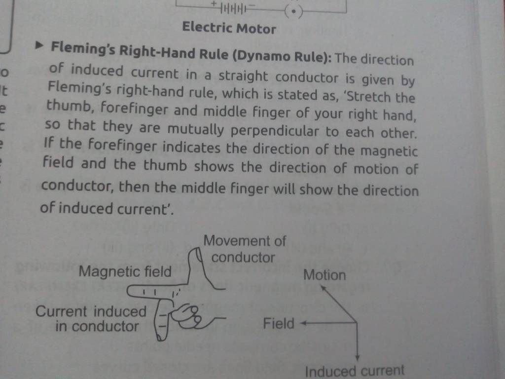 Electric Motor Fleming's RightHand Rule (Dynamo Rule) The direction of