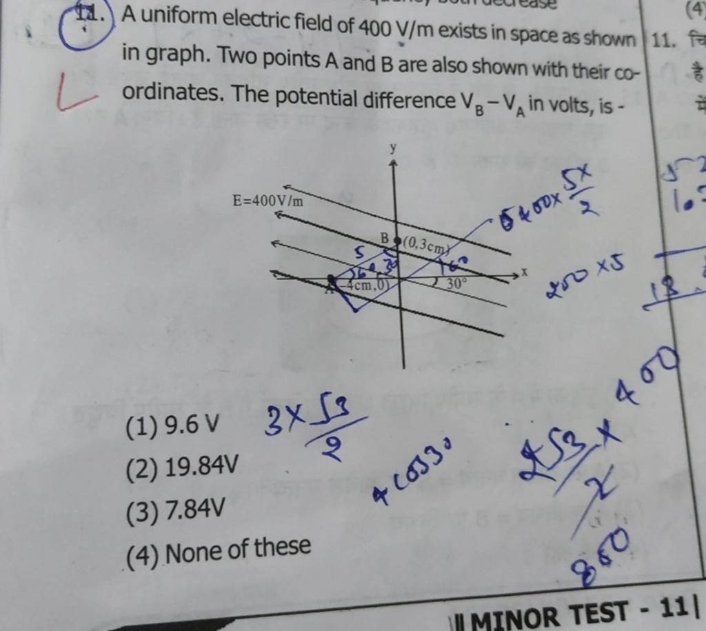 A uniform electric field of 400 V/m exists in space as shown in graph. Tw..