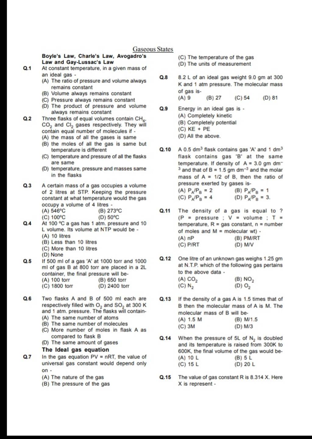 temperature is different Q.10 A 0.5dm3 flask contains gas 'A' and 1dm3..