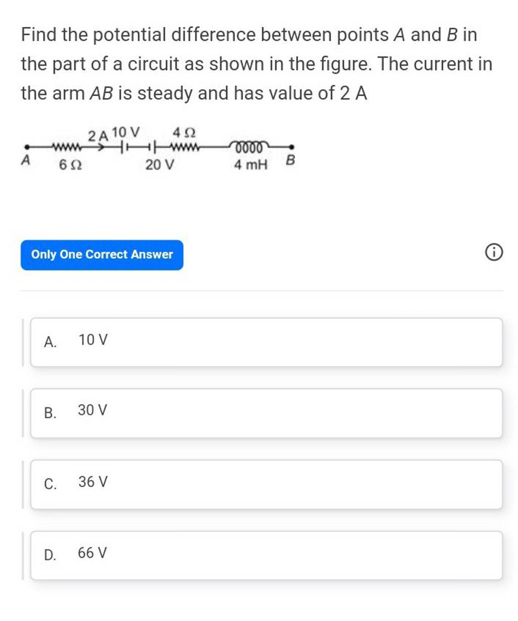 Find the potential difference between points A and B in the part of a cir..