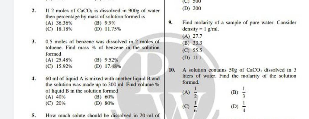 Find molarity of a sample of pure water. Consider | Filo