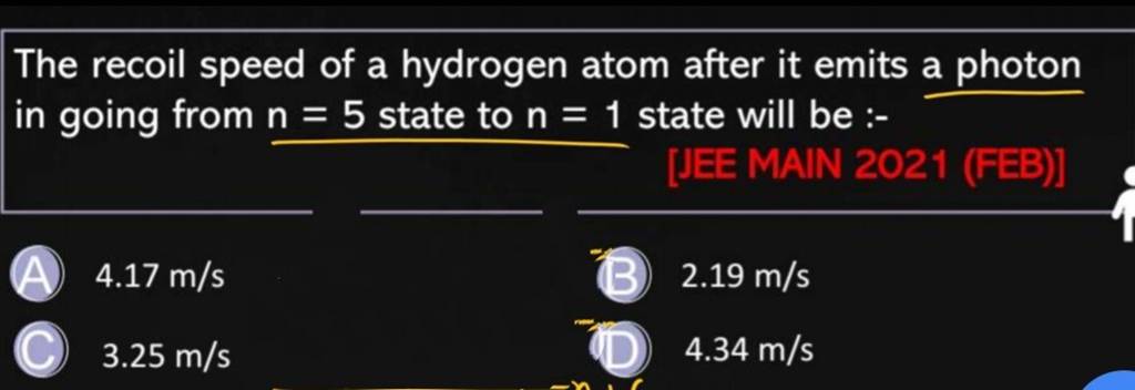 The recoil speed of a hydrogen atom after it emits a photon in going from..