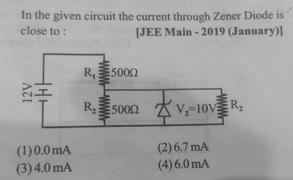 In the given circuit the current through Zener Diode is close to [JEE M..