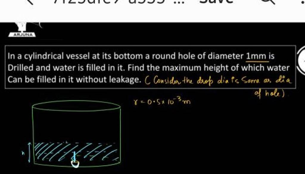 In a cylindrical vessel at its bottom a round hole of diameter 1 mm is Dr..