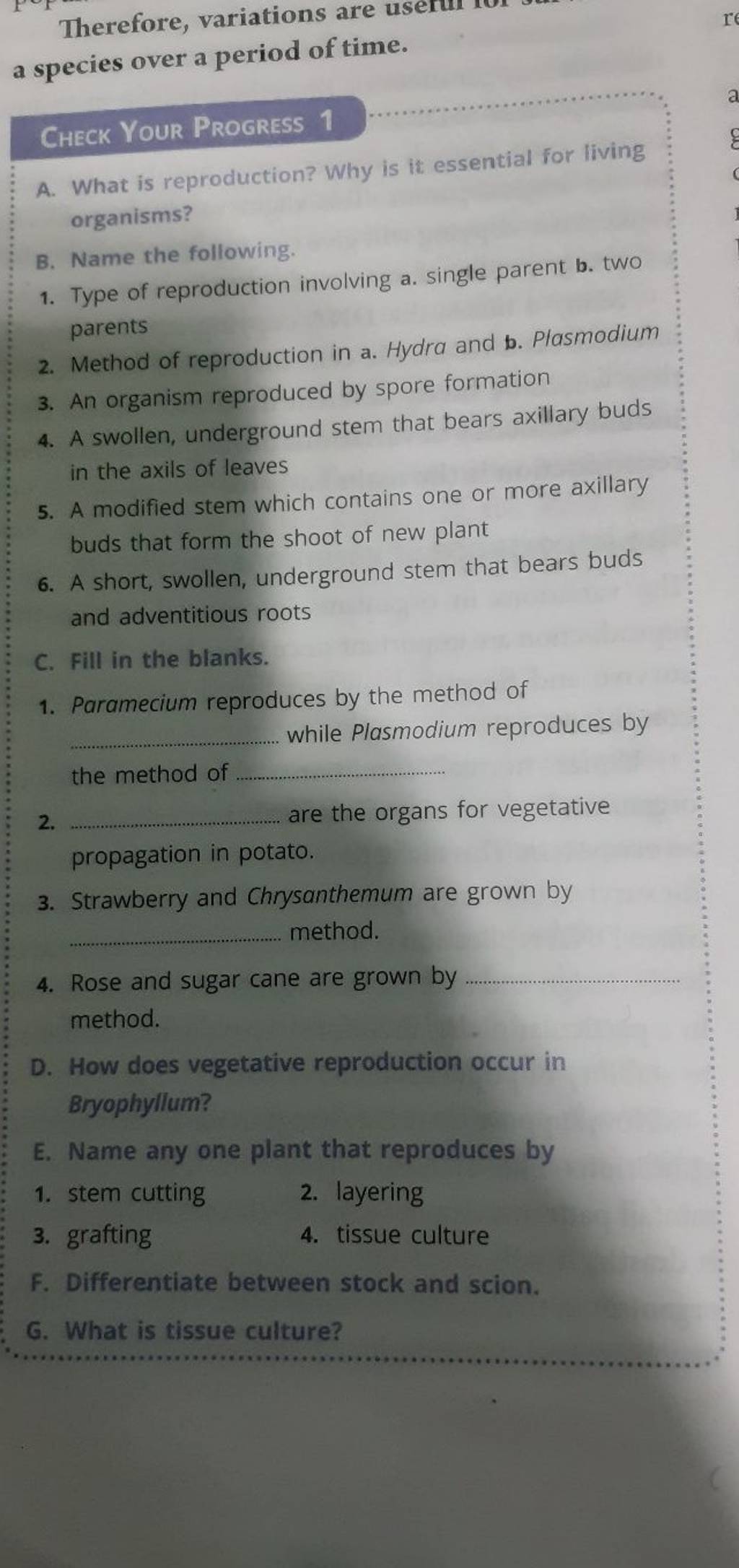 How does vegetative reproduction occur in Bryophyllum? E. Name any one pl..