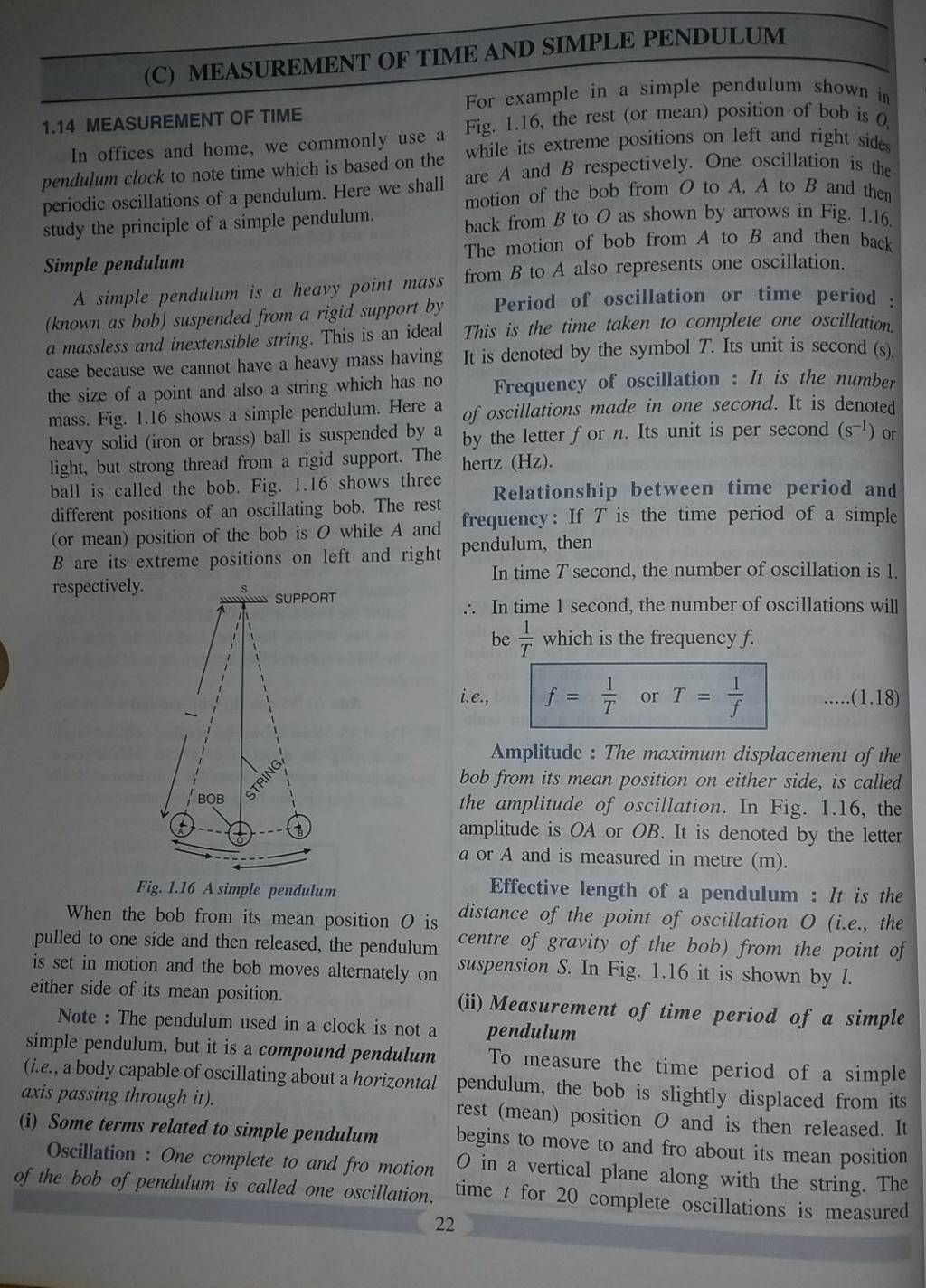 (C) MEASUREMENT OF TIME AND SIMPLE PENDULUM 1.14 MEASUREMENT OF TIME For