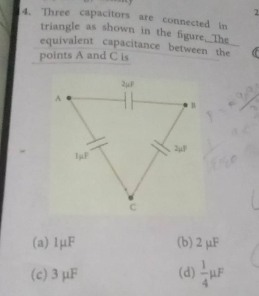 Three capacitors are connected in triangle as shown in the figure. The eq..