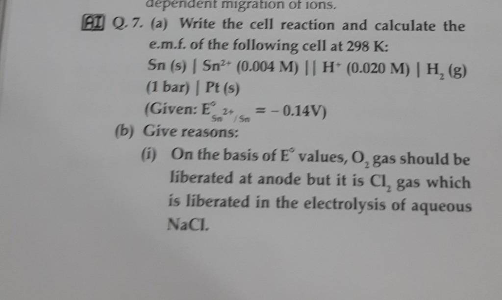 AII Q.7. (a) Write the cell reaction and calculate the e.m.f. of the foll..