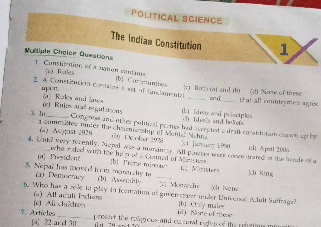 POLITICAL SCIENCE The Indian Constitution Multiple Choice Questions 1. Co..