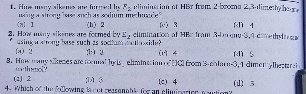 How Many Alkenes Are Formed By E1 Elimination Of HCl From 3 Chloro 3 4 D