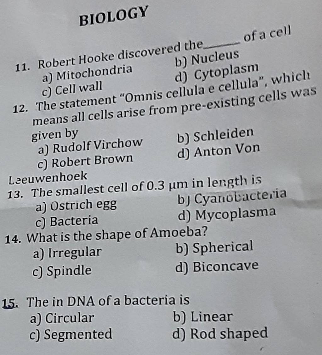 Laeuwenhoek 13. The smallest cell of 0.3μm in length is Filo