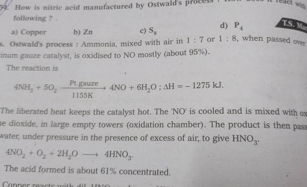 How is nitric acid manufactured by Ostwald's process . Anvmact with follo..