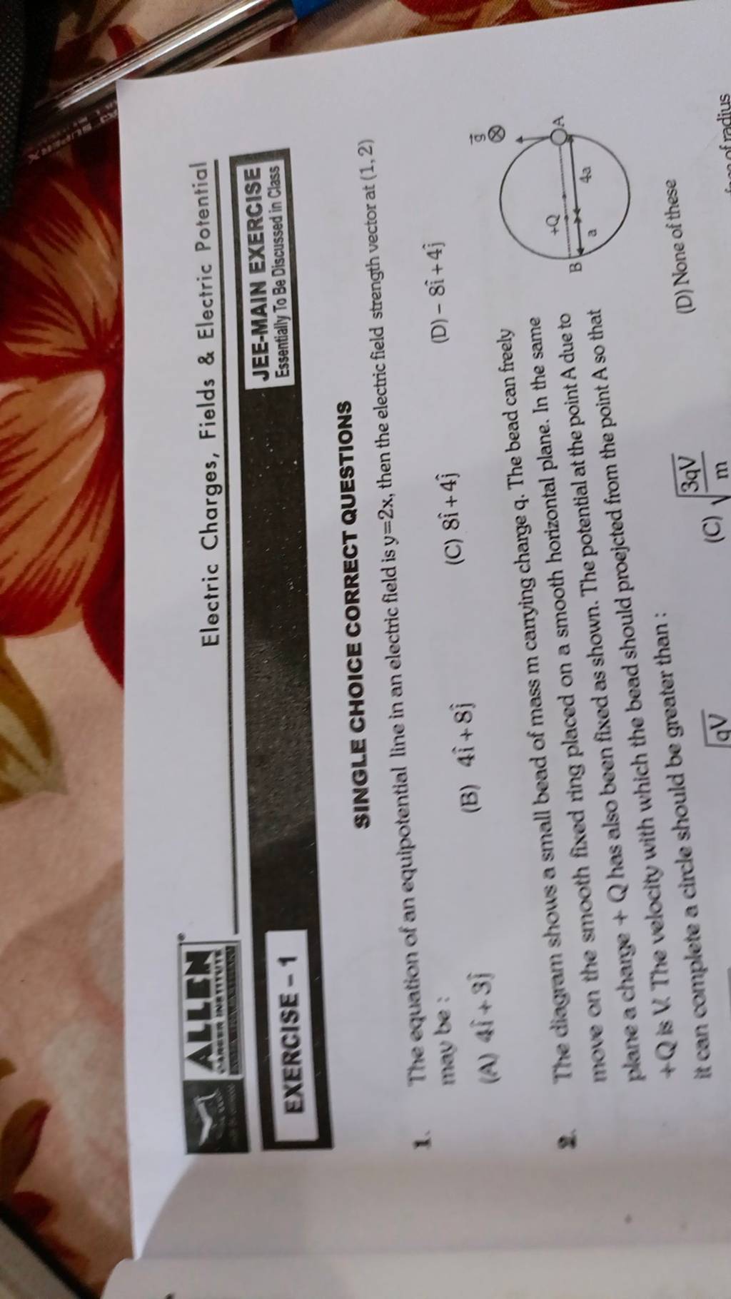 The diagram shous a small bead of mass m carrying charge q. The bead can