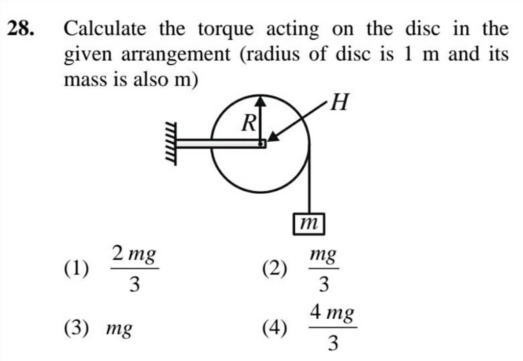 Calculate the torque acting on the disc in the given arrangement (radius