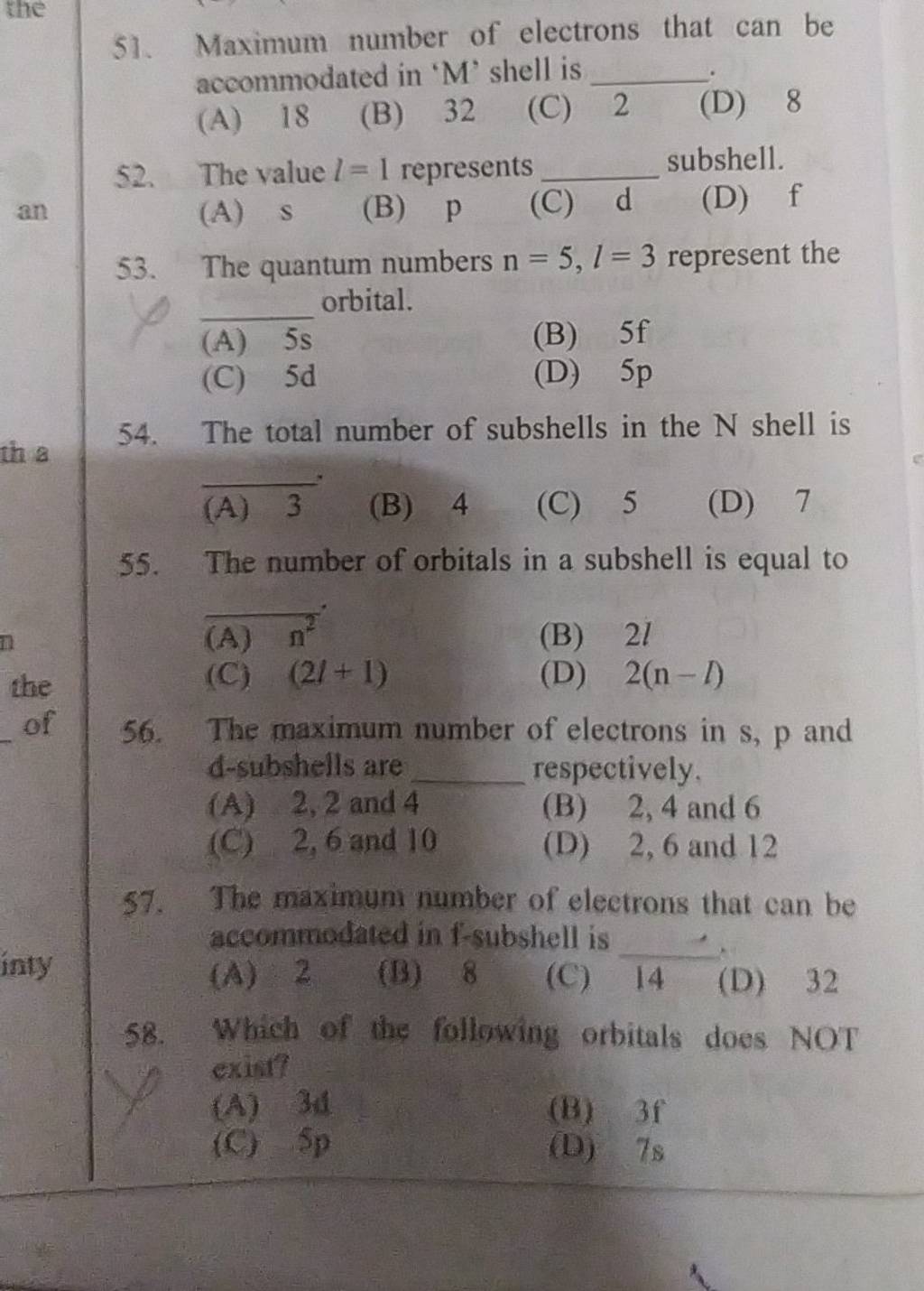 The Quantum Numbers N L Represent The Orbital A S B F