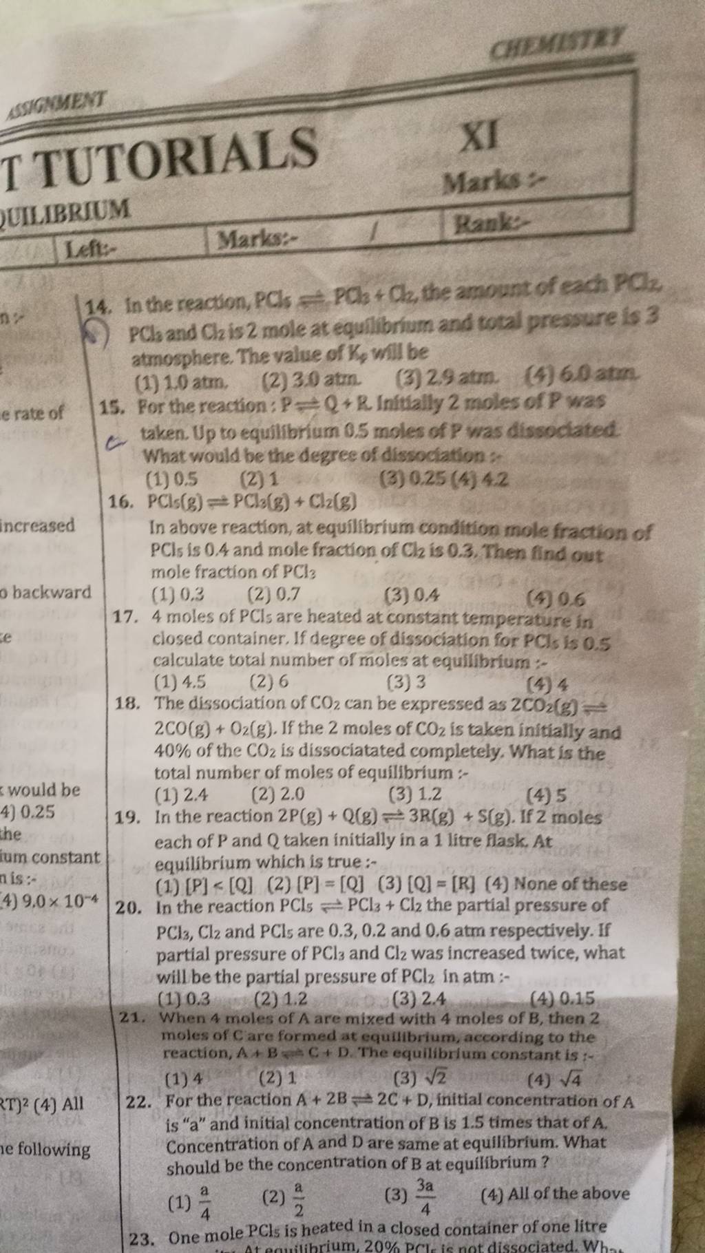For the reaction A+2B⇌2C+D, initial concentration of A is " a " and initi..