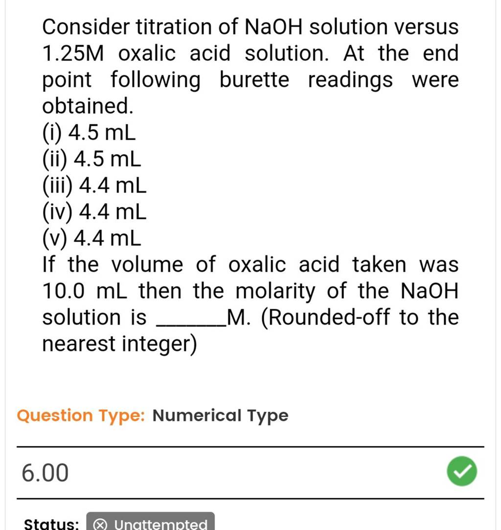 Consider titration of NaOH solution versus 1.25M oxalic acid solution. At..