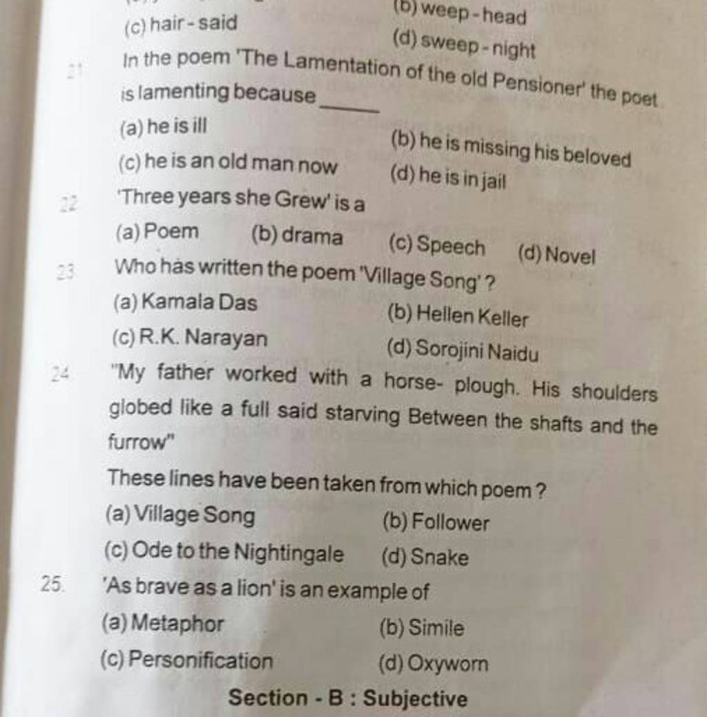 23 Who has written the poem 'Village Song'? Filo