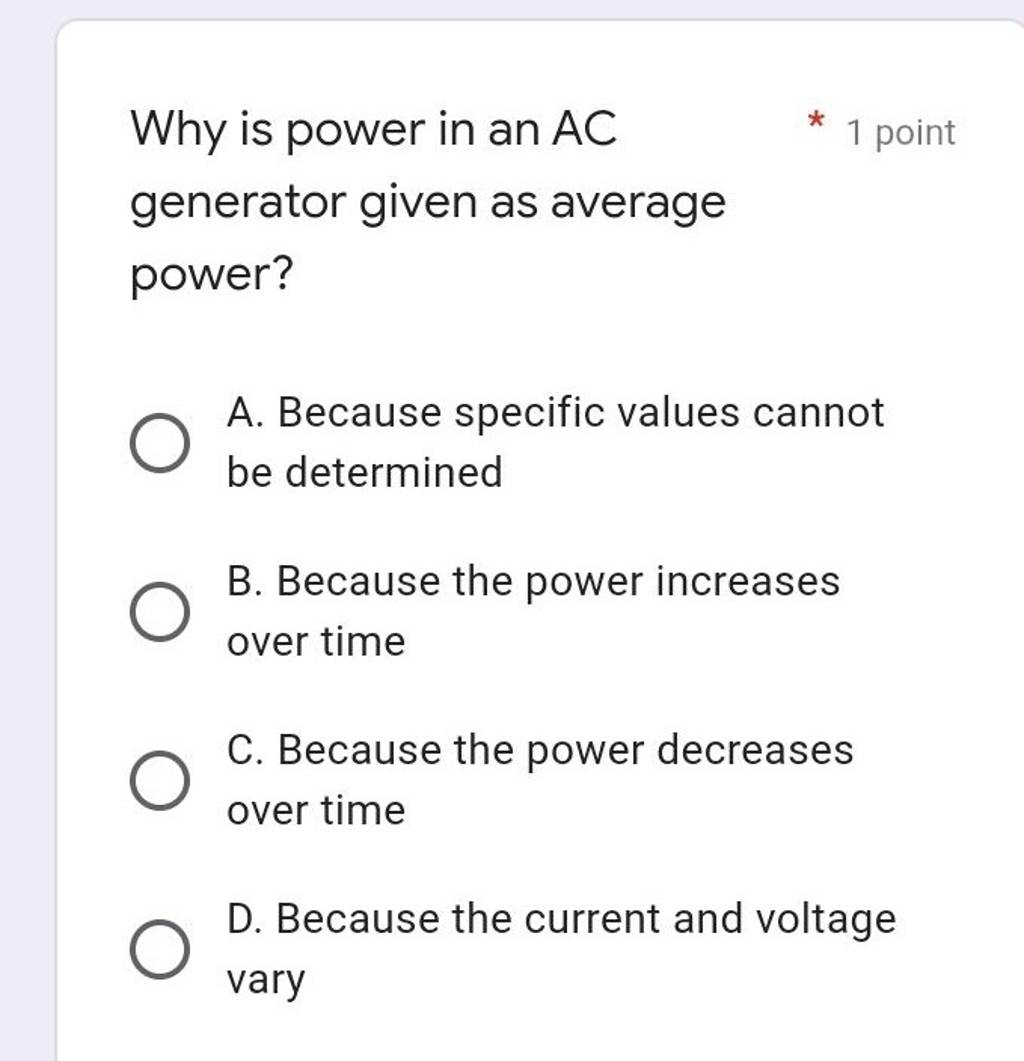 Why is power in an AC - 1 point generator given as average power?