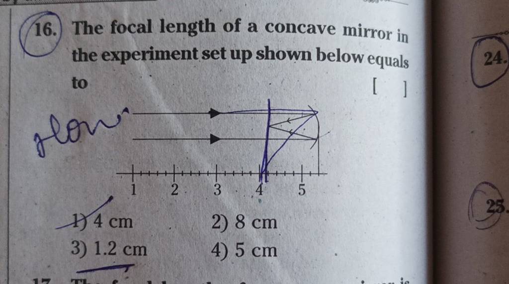 The focal length of a concave mirror in the experiment set up shown below..