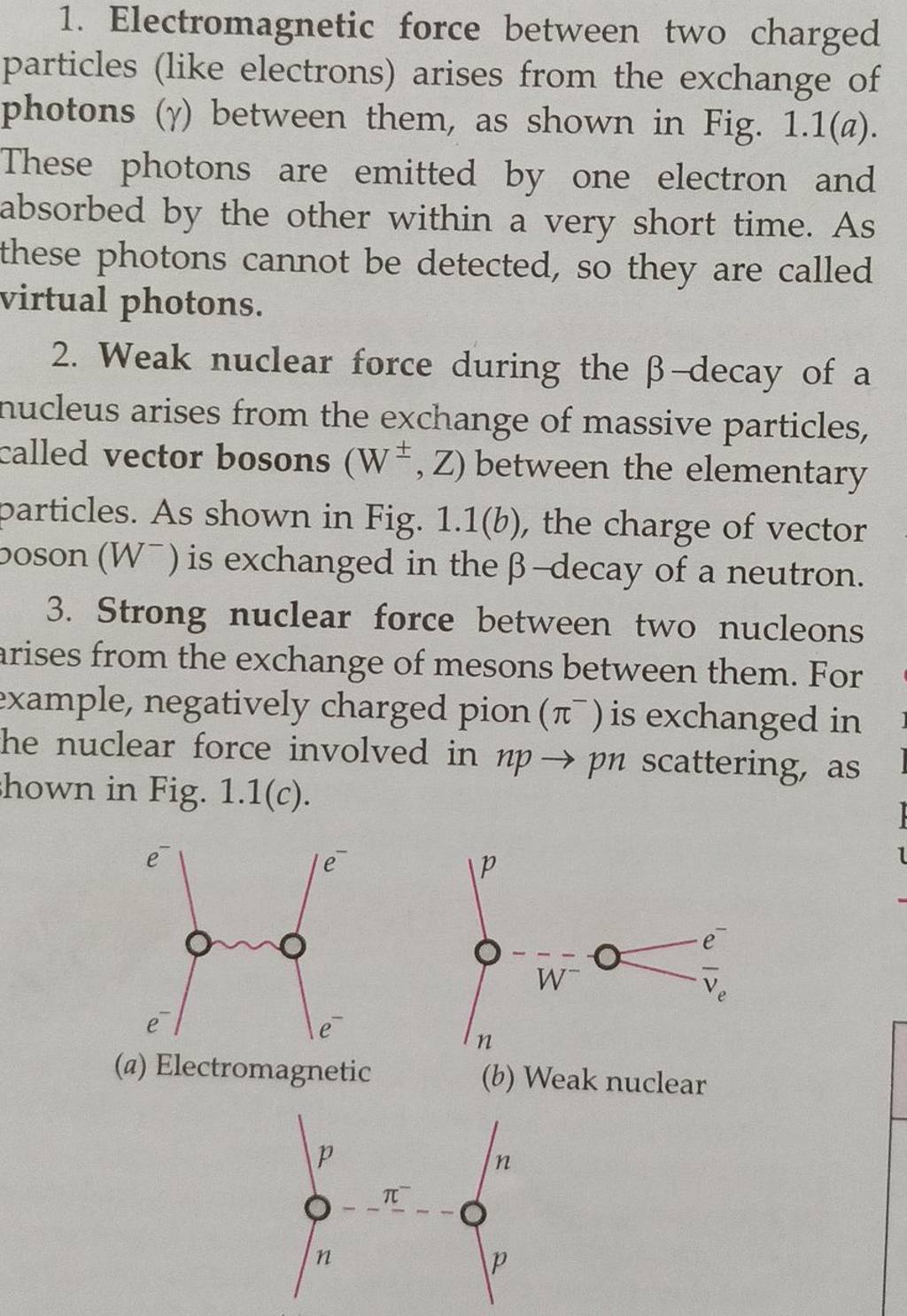 1. Electromagnetic force between two charged particles (like electrons) a..