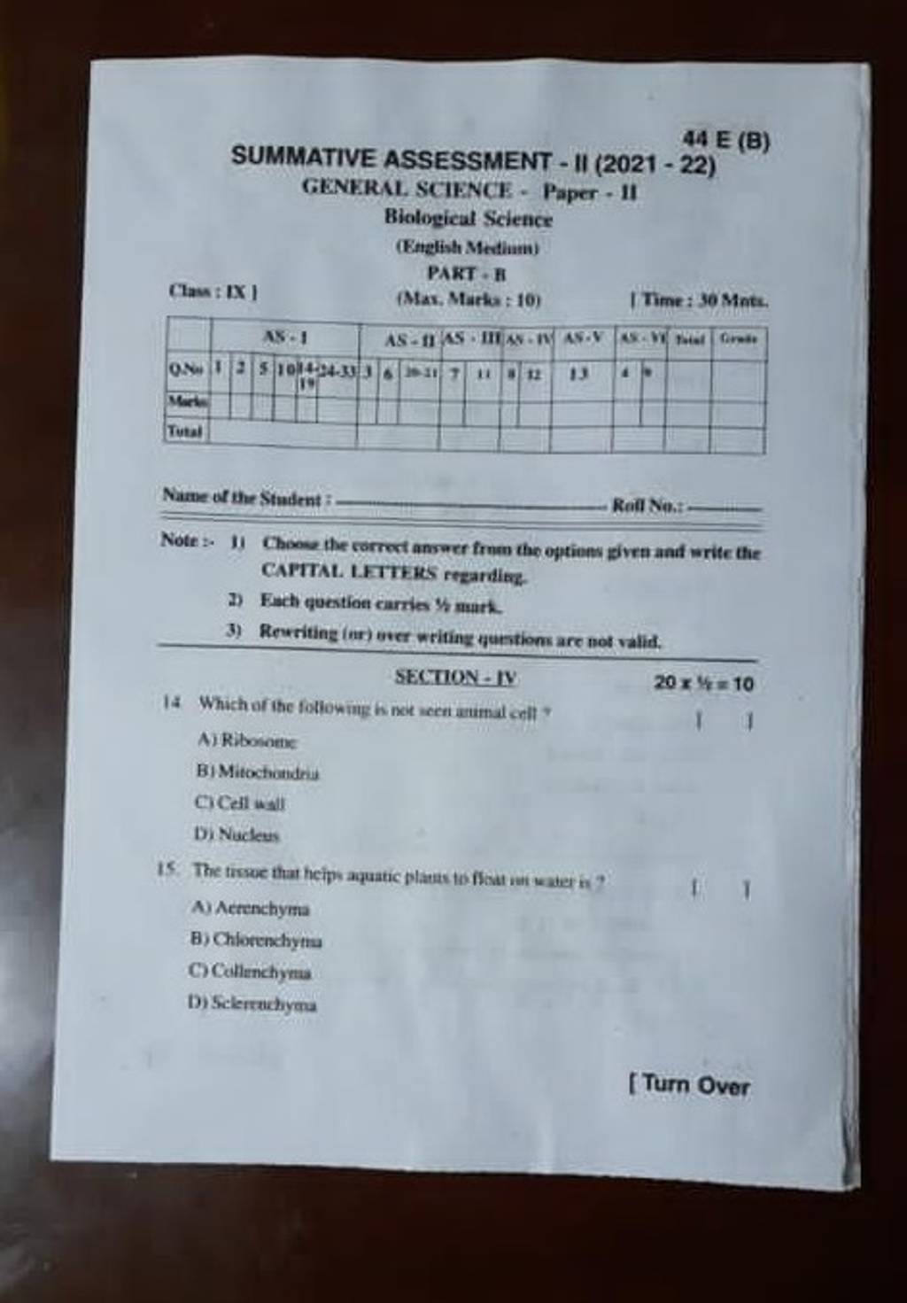 44E(B) SUMMATIVE ASSESSMENT - II (2021−22) GENKREL. SCIENCK - Paper - II