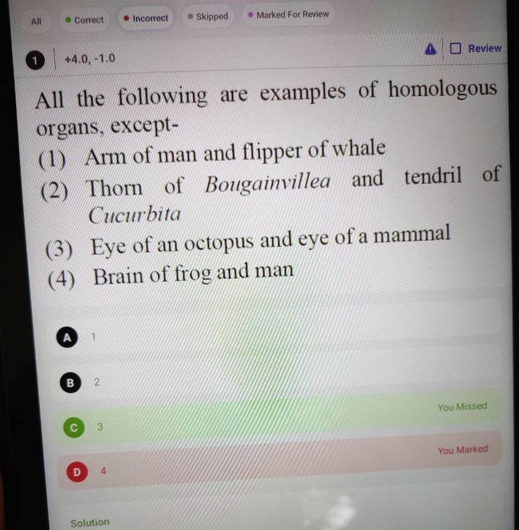 All the following are examples of homologous organs, except Filo