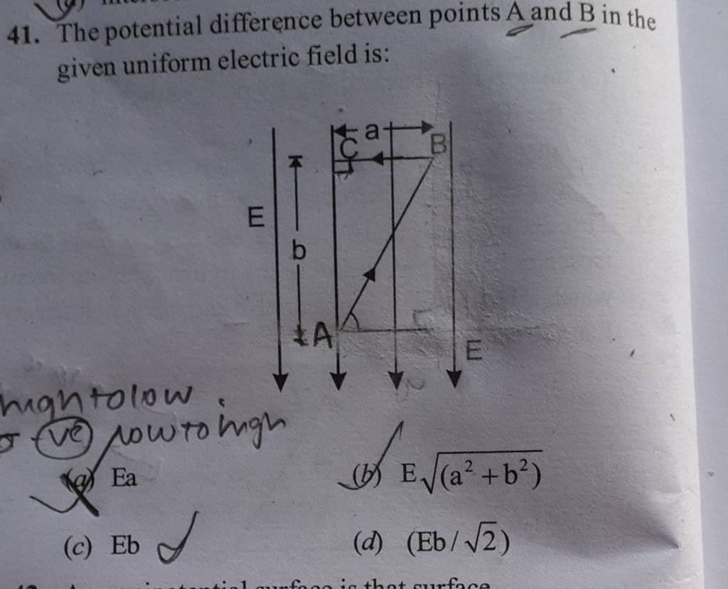 The potential difference between points A and B in the given uniform elec..