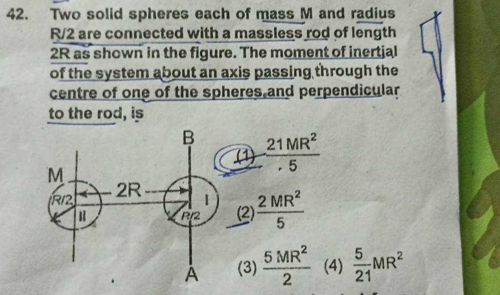 42. Two solid spheres each of mass M and radius R/2 are connected with a