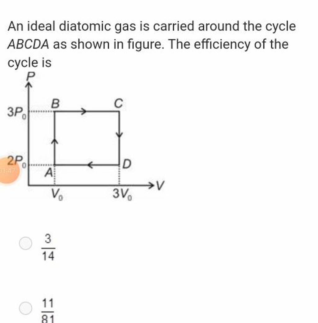 An ideal diatomic gas is carried around the cycle ABCDA as shown in figur..