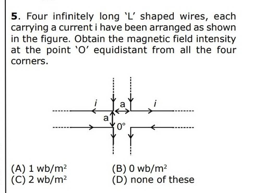 Four infinitely long ' L ' shaped wires, each carrying a current i have b..