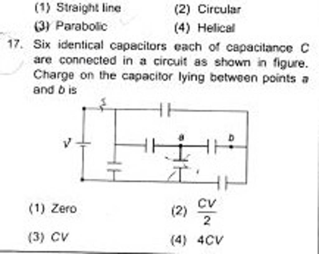 Six identical capacitors each of capacitance C are connected in a circuit..