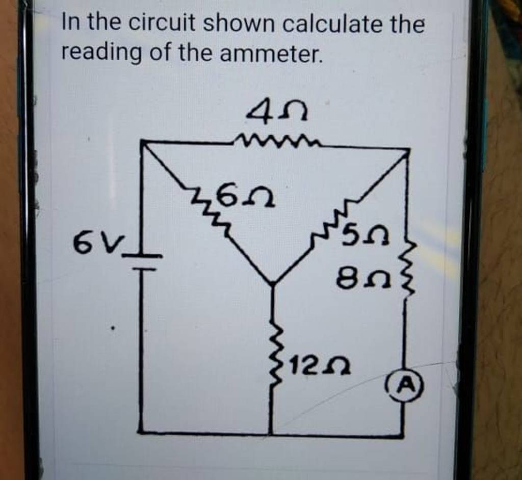 In the circuit shown calculate the reading of the ammeter. Filo