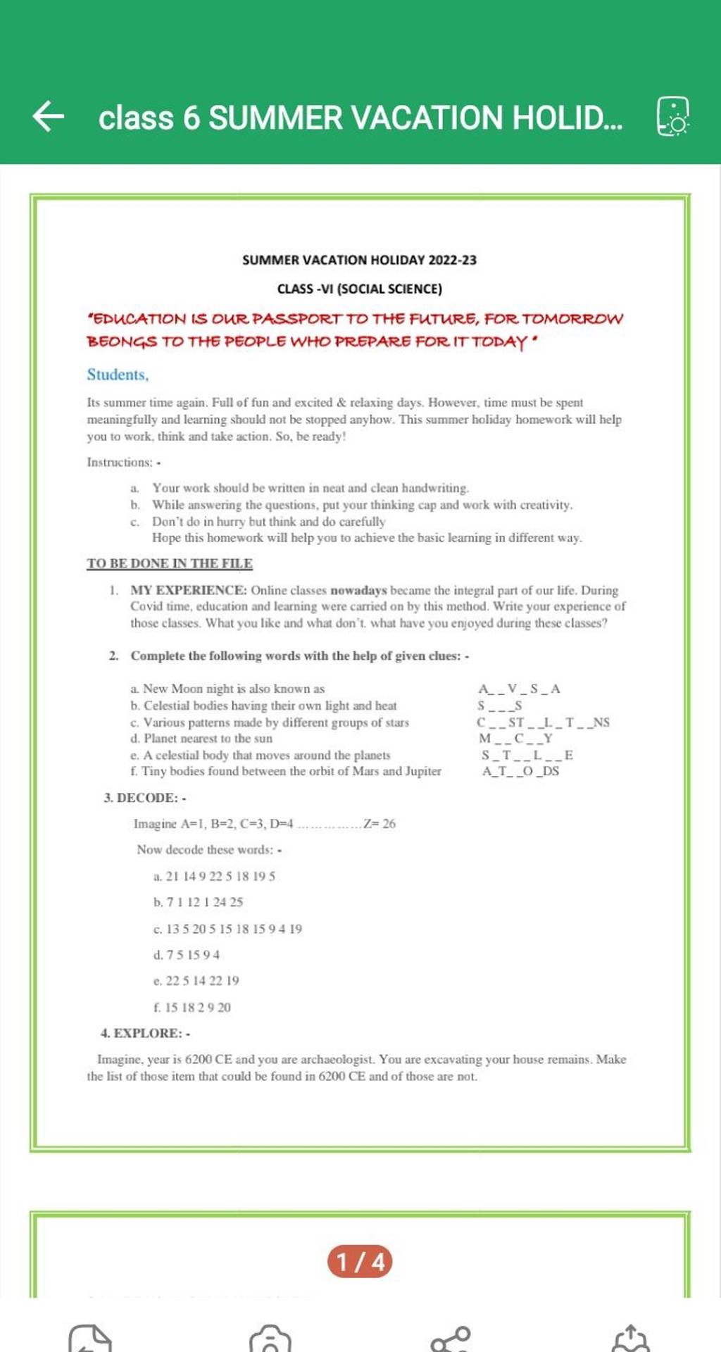 class 6 holiday homework 2022