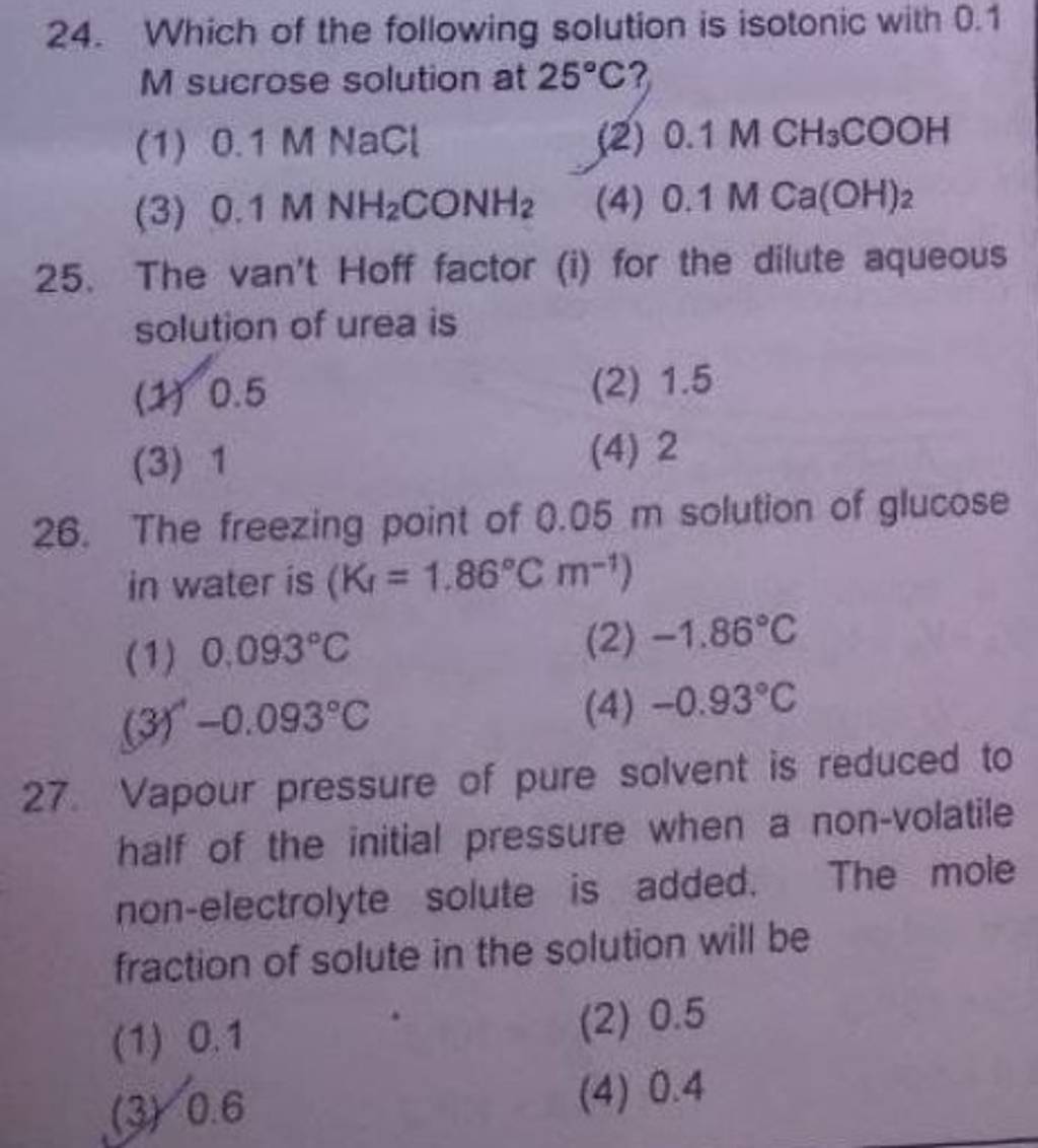 Vapour pressure of pure solvent is reduced to half of the initial pressur..