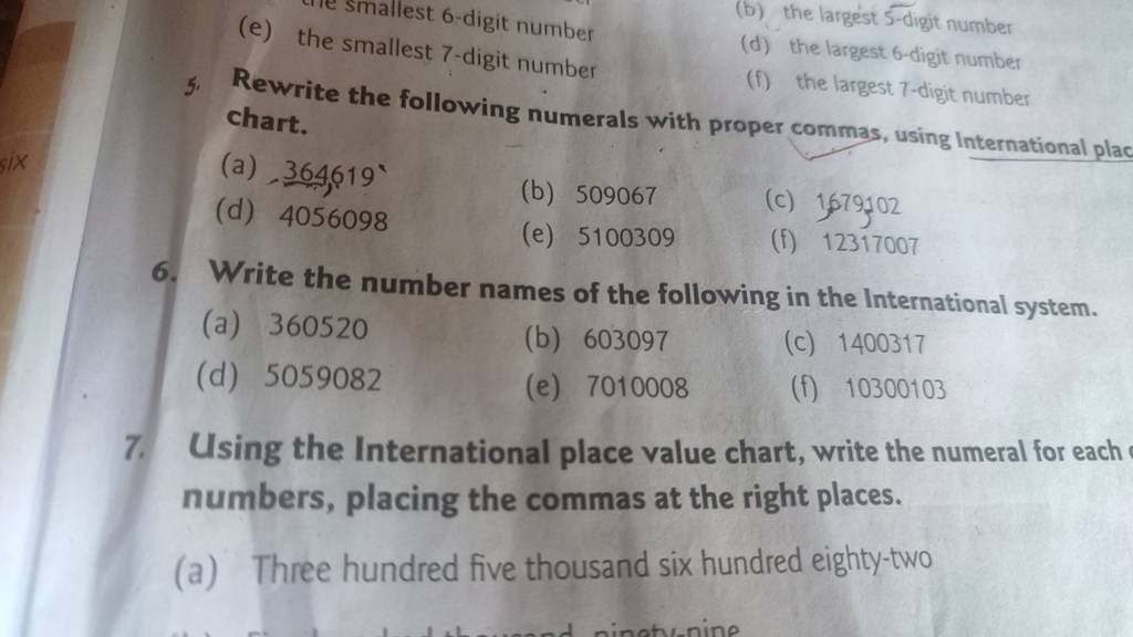 Using the International place value chart, write the numeral for each num..