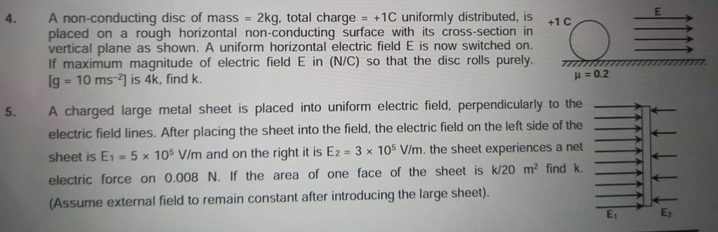 4. A non-conducting disc of mass =2 kg, total charge =+1C uniformly di