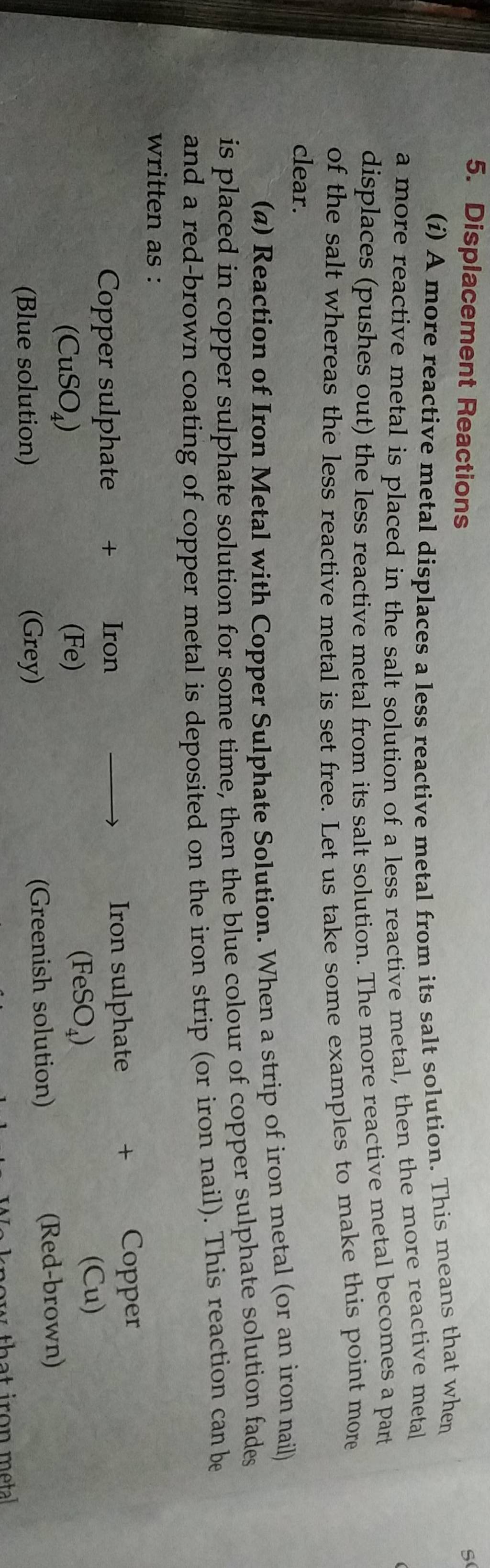 5. Displacement Reactions (i) A more reactive metal displaces a less reac..