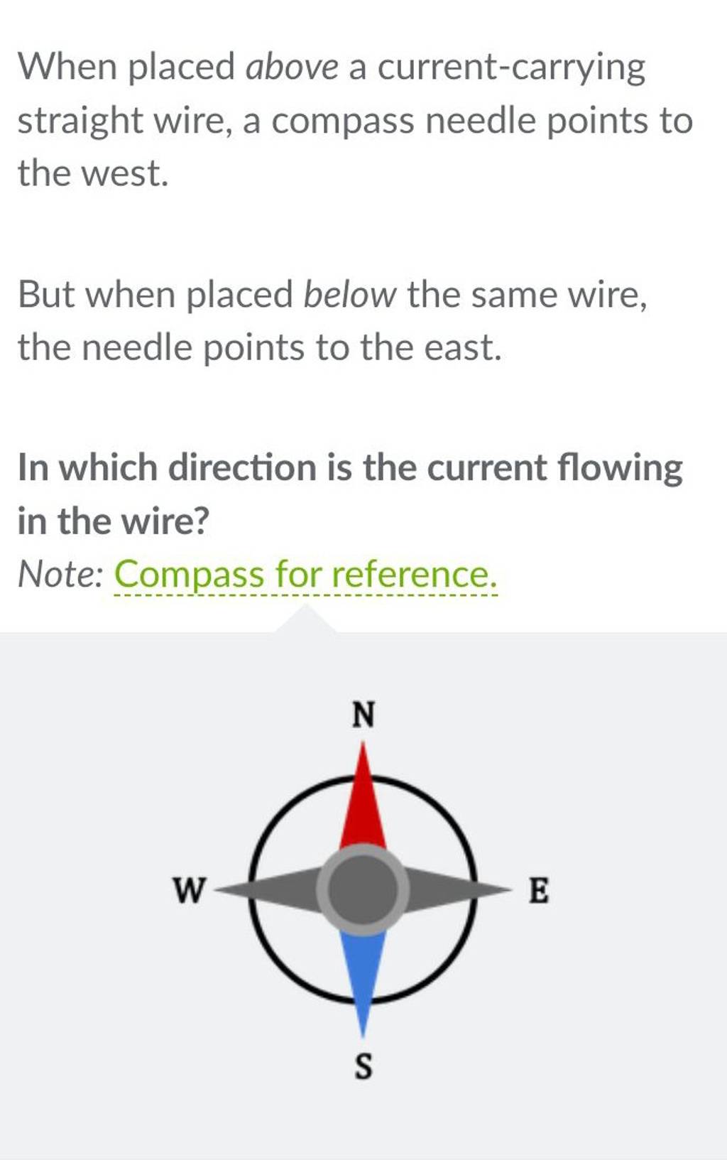 When placed above a currentcarrying straight wire, a compass needle poin..