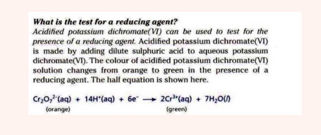 what-is-the-test-for-a-reducing-agent-acidified-potassium-dichromate-vi