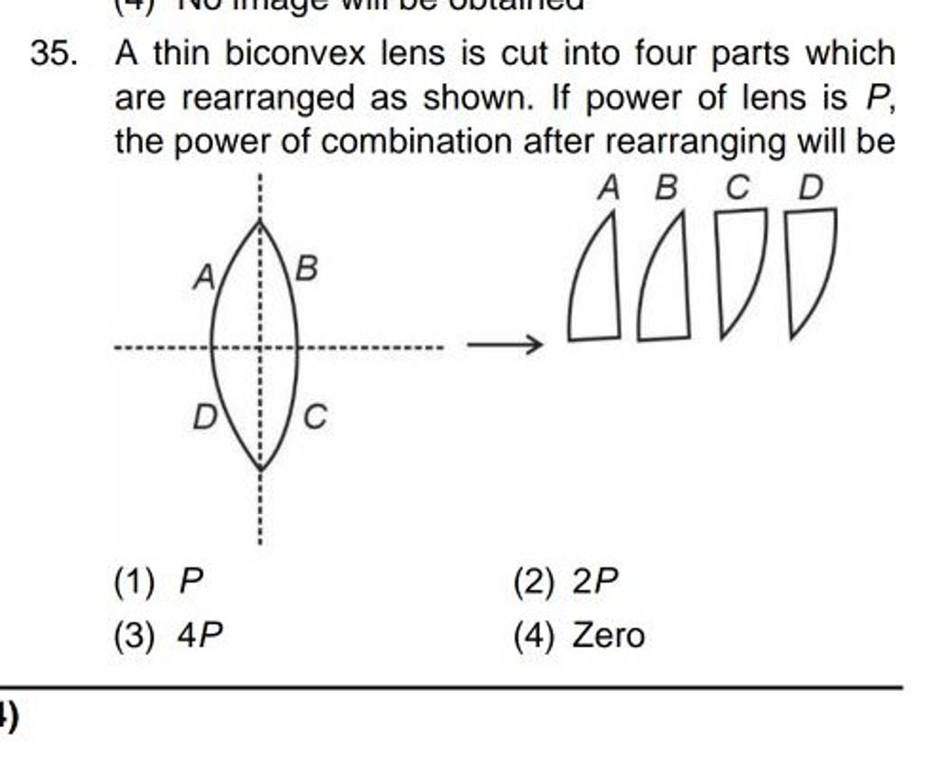 A thin biconvex lens is cut into four parts which are rearranged as shown..
