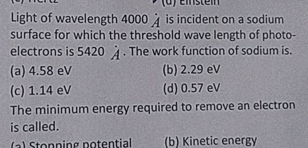 Light of wavelength 4000A˙ is incident on a sodium surface for which the