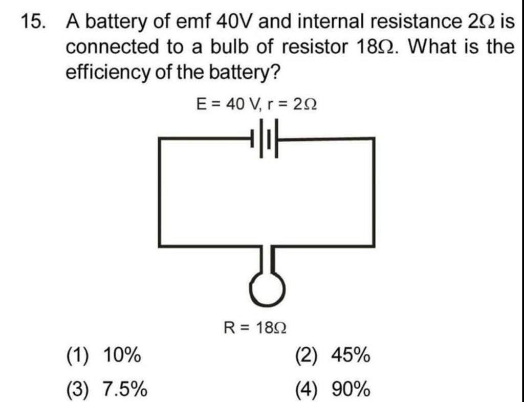 A battery of emf 40 V and internal resistance 2Ω is connected to a bulb o..