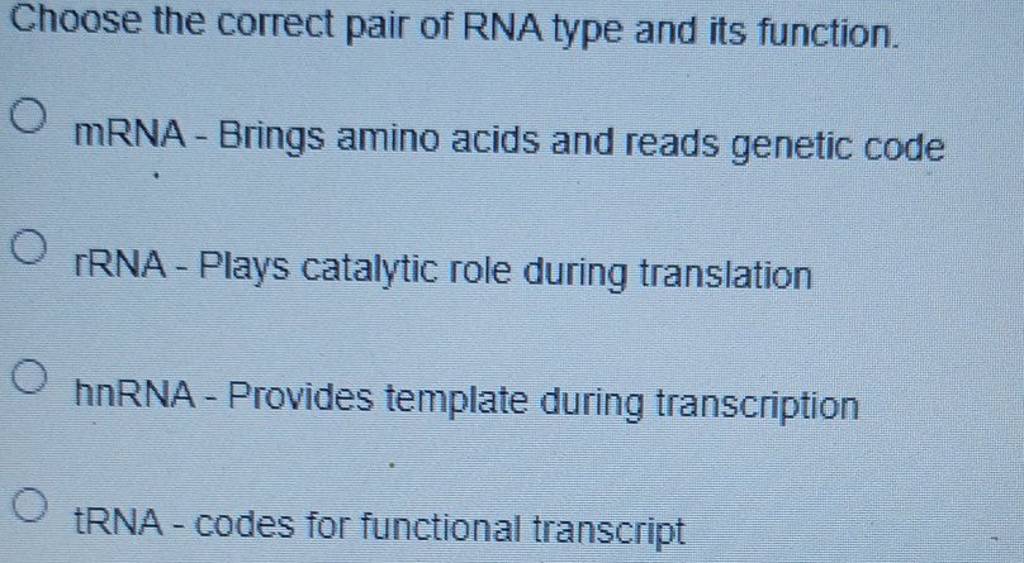 Choose the correct pair of RNA type and its function. Filo