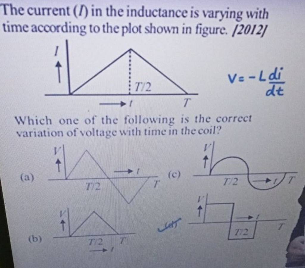 The current (I) in the inductance is varying with time according to the p..